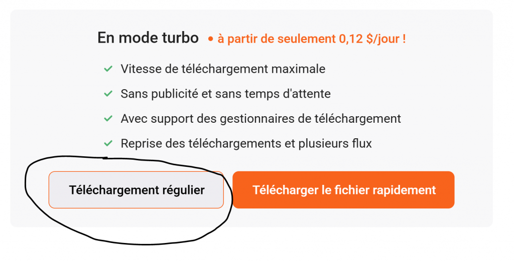 Promo card in French: 'En mode turbo' with a price note, three green checkmarks, and two CTAs—left gray outlined 'Téléchargement régulier' and right orange 'Télécharger le fichier rapidement'.
