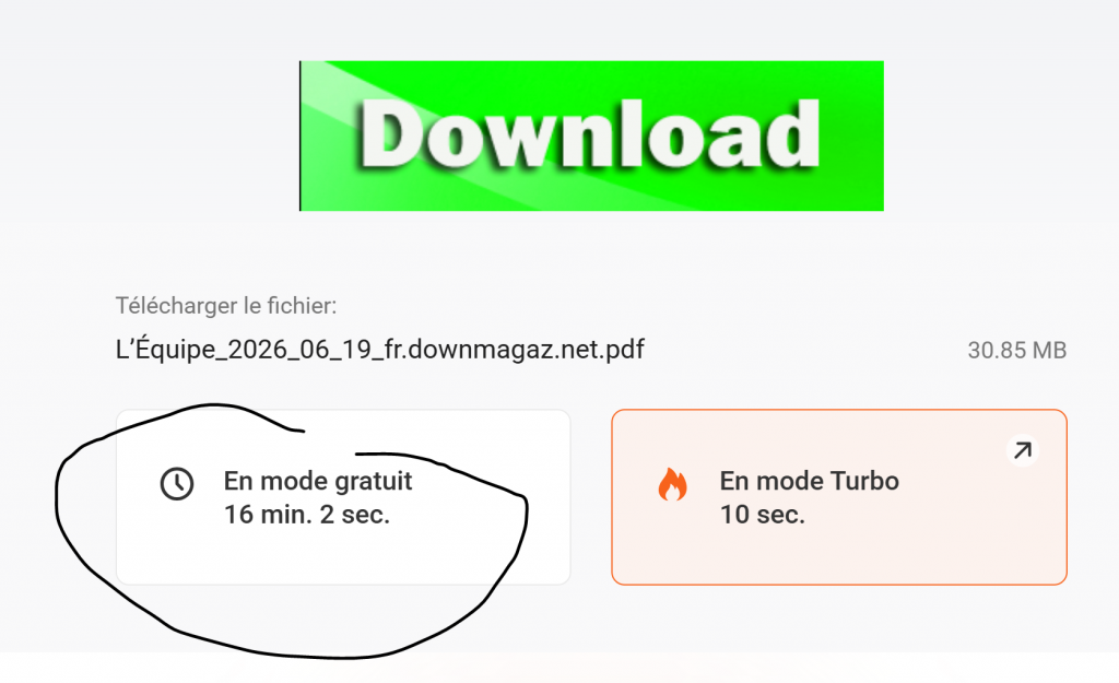 Download page showing file L'Équipe_2026_06_19_fr.downmagaz.net.pdf (30.85 MB) with two modes: Free (16 min 2 sec) and Turbo (10 sec).